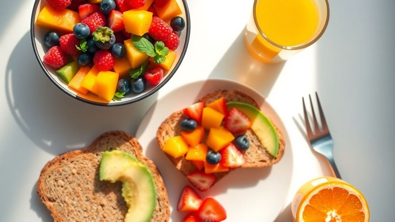 Healthy breakfast with fruit, toast, and juice.