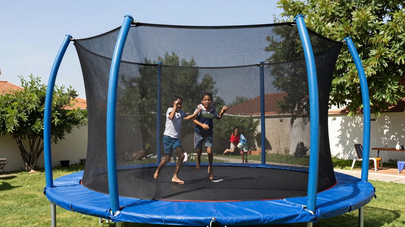 14ft trampoline in a backyard with children jumping.