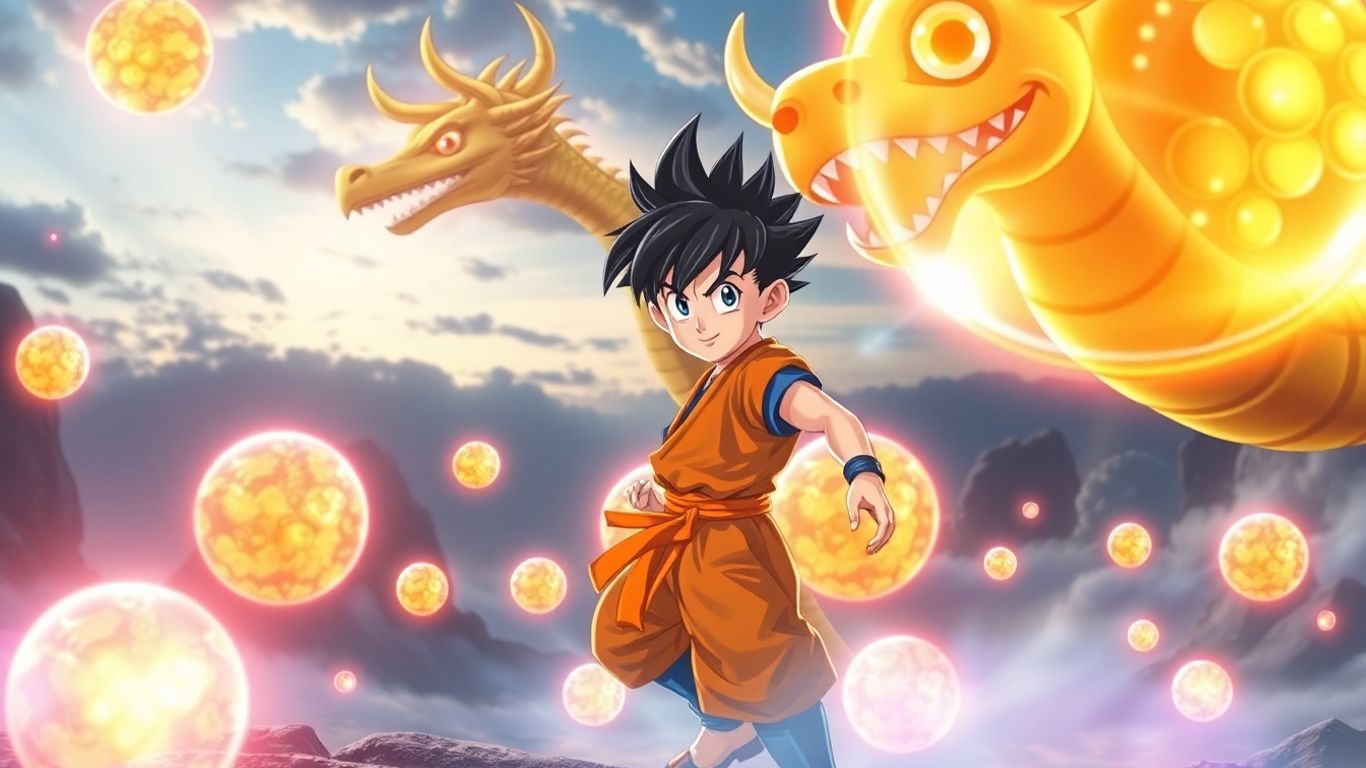 Energetic anime hero with glowing dragon spheres