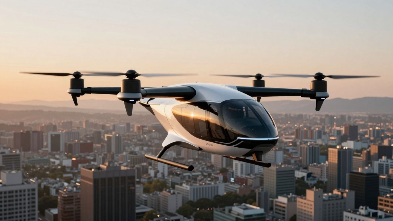 Futuristic eVTOL aircraft flying over a city skyline.