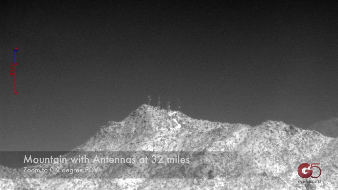 Infrared image of a mountain with antennas at 32 miles.