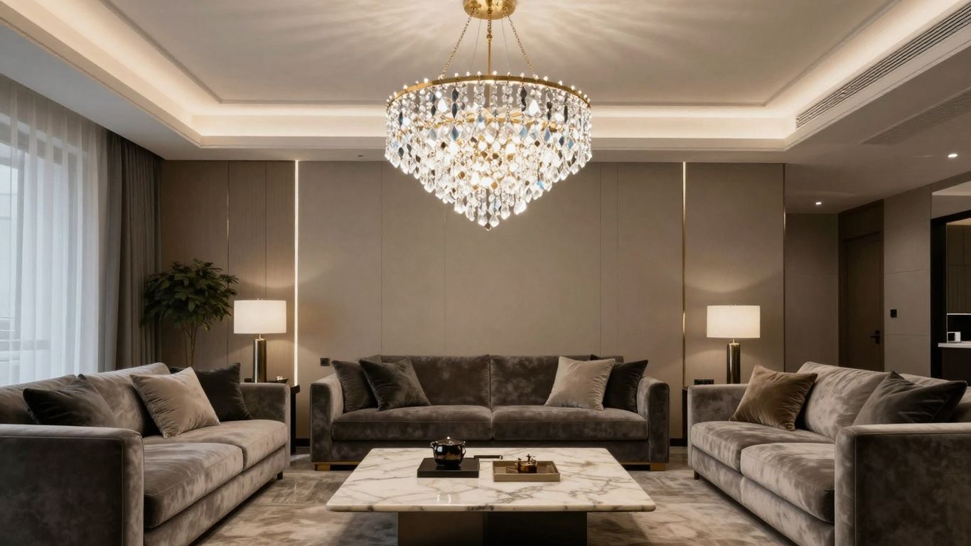 Modern living room with a stunning crystal chandelier.
