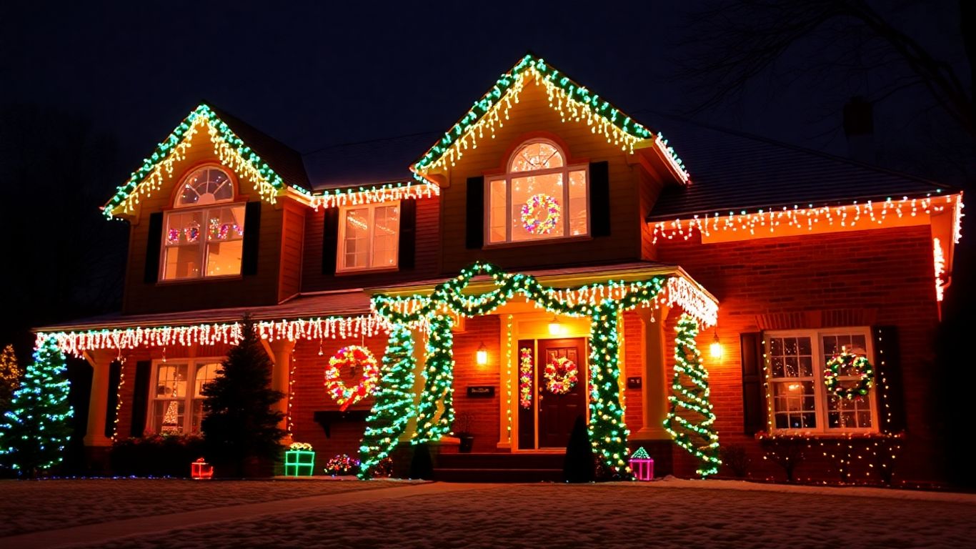 Kirkwood house decorated with bright Christmas lights.