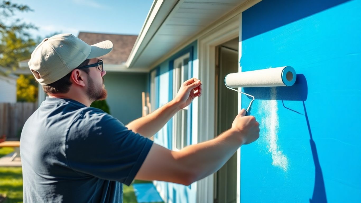 Painter applying blue paint to house exterior.