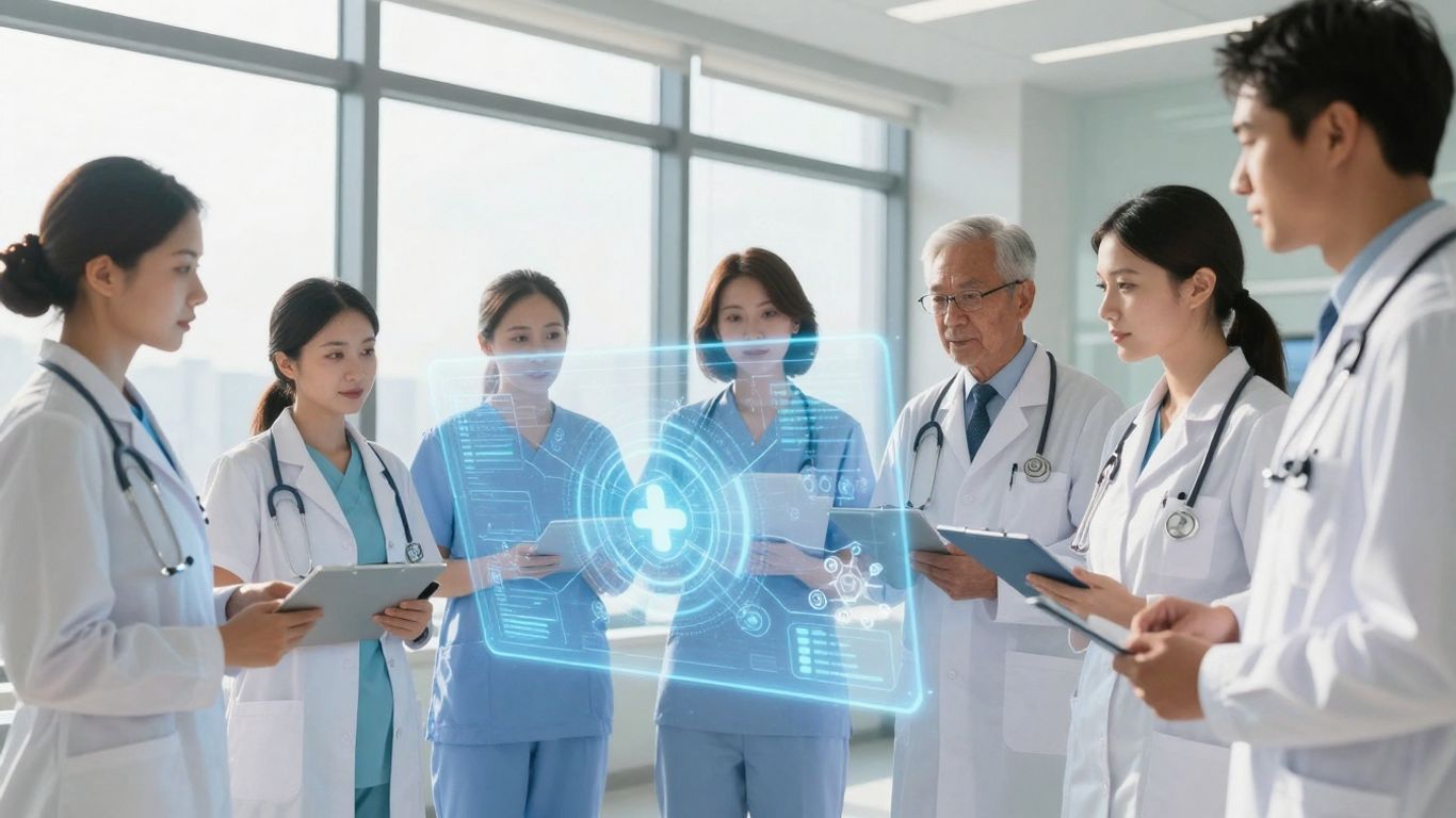 Healthcare professionals interacting with digital health data.