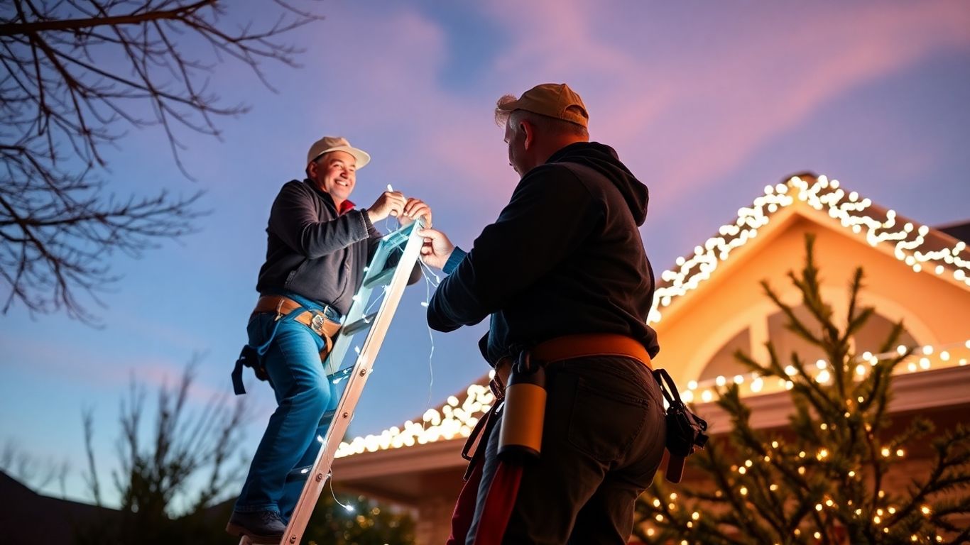Installer hangs Christmas lights at dusk on house