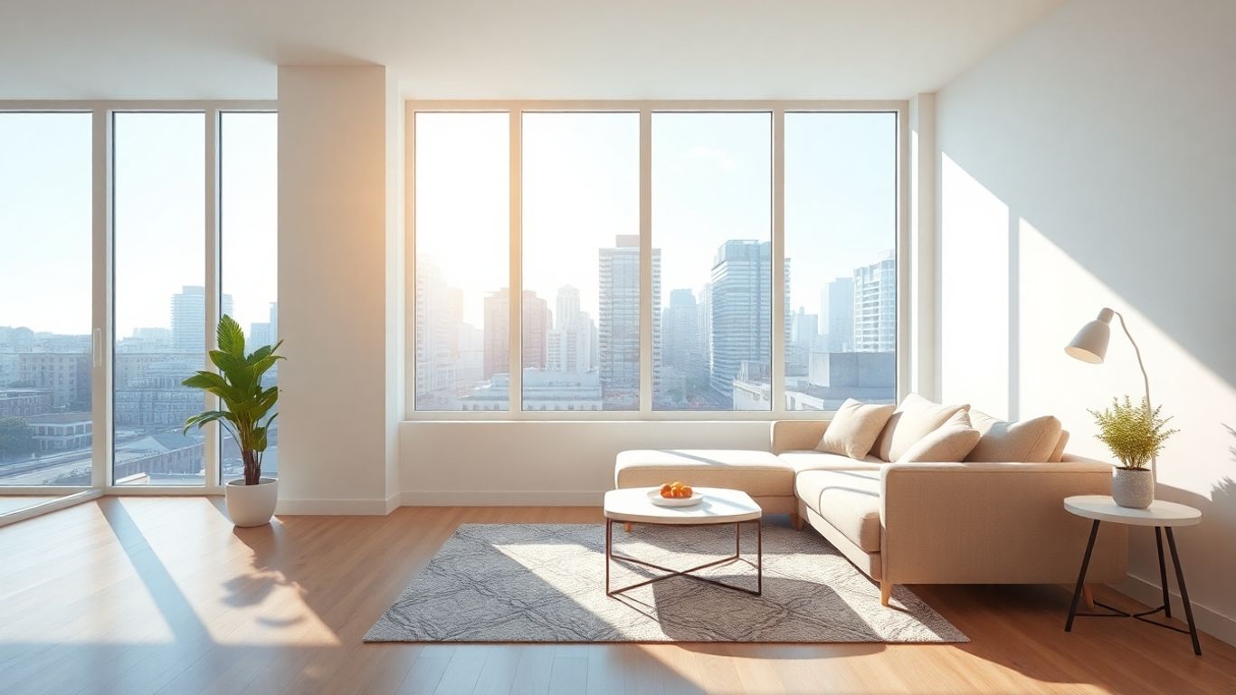 Sala de estar moderna y luminosa con sofá cómodo.