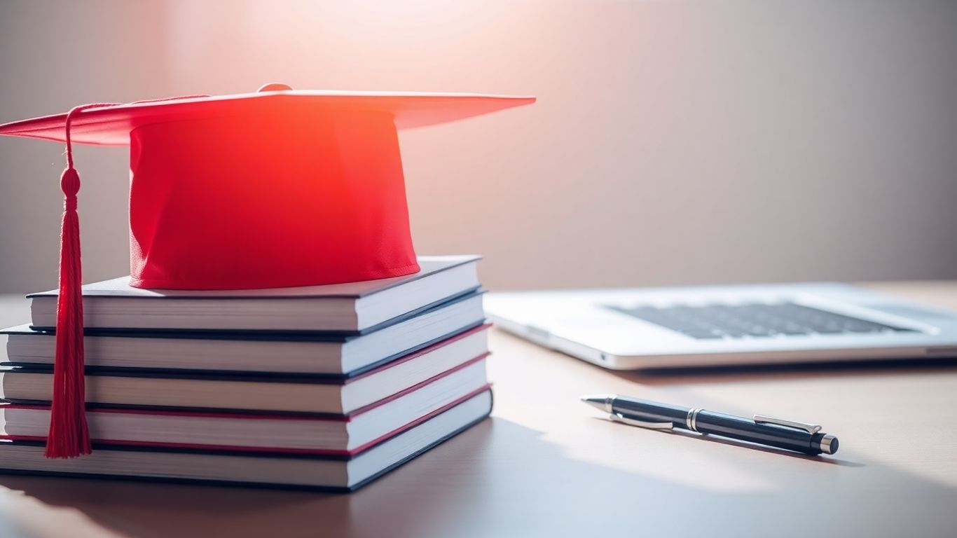 Graduation cap, books, laptop, and pen on a table.