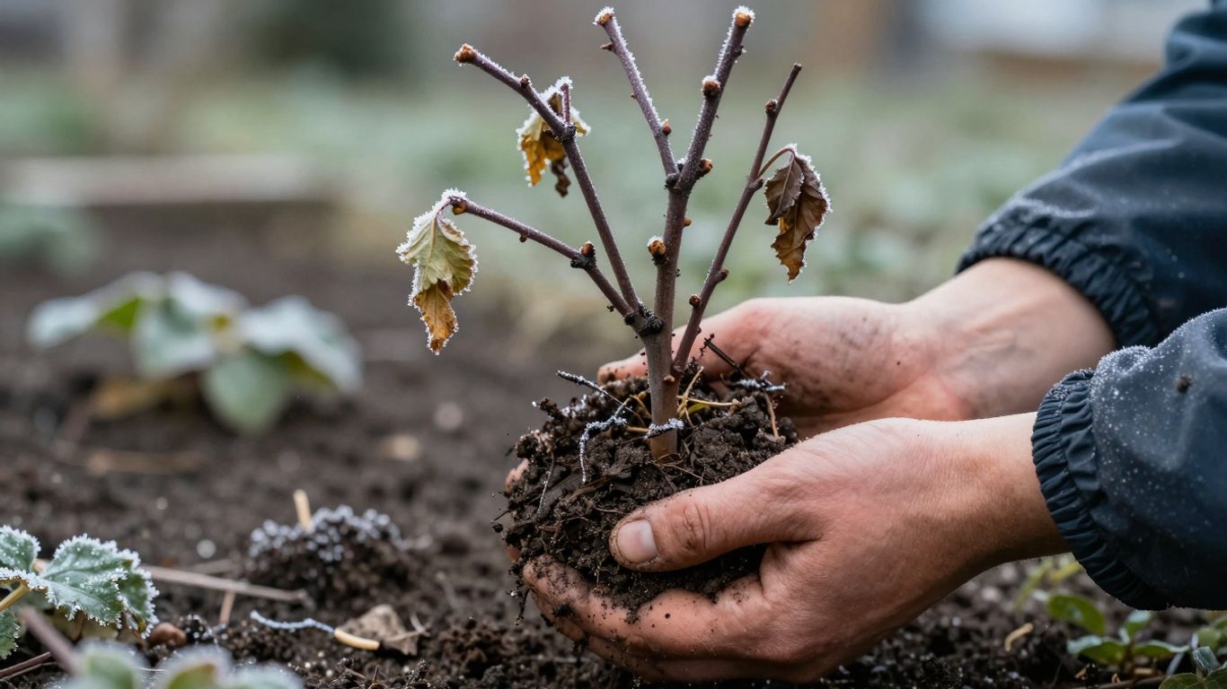 Gärtnerhände halten erfrorene Pflanze im Wintergarten