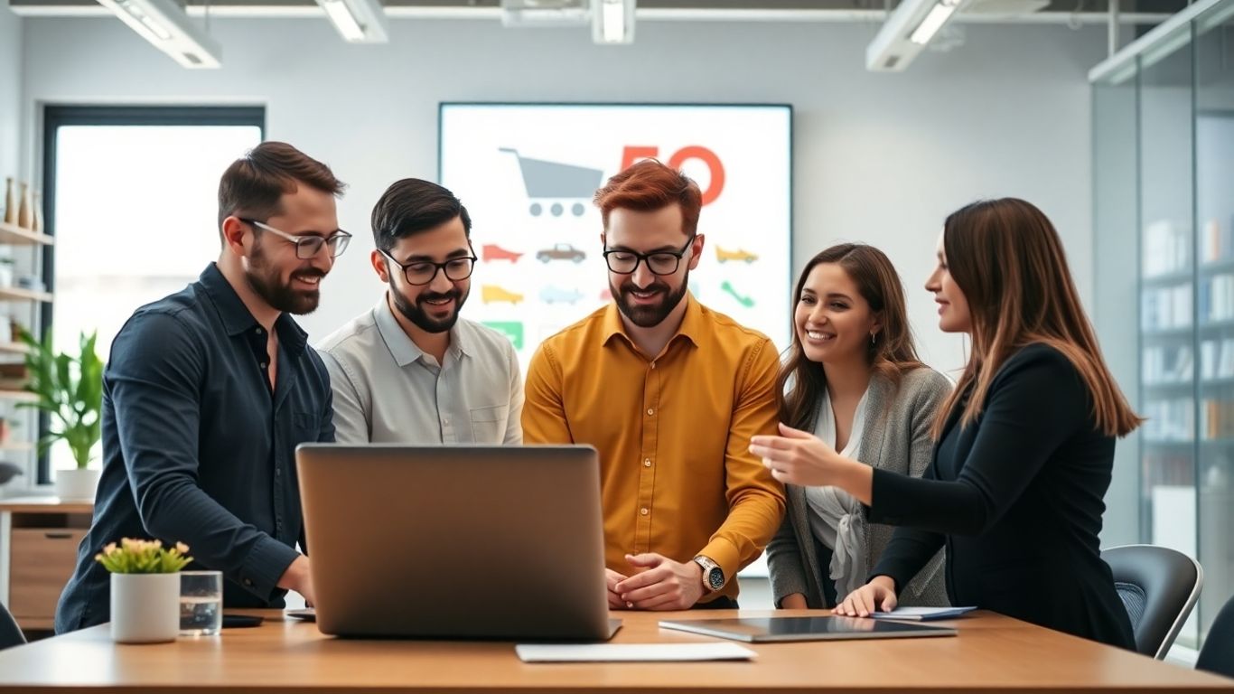 Team meeting about ecommerce SEO strategies in office