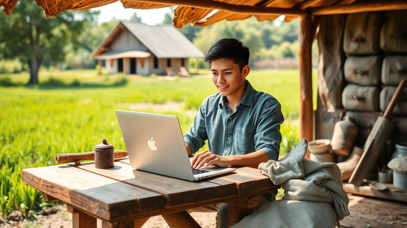 Tânăr antreprenor rural lucrând în natură, la laptop.