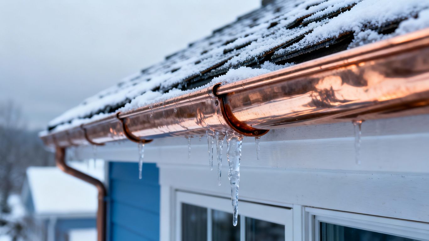 Copper gutters with icicles and snow on a house.