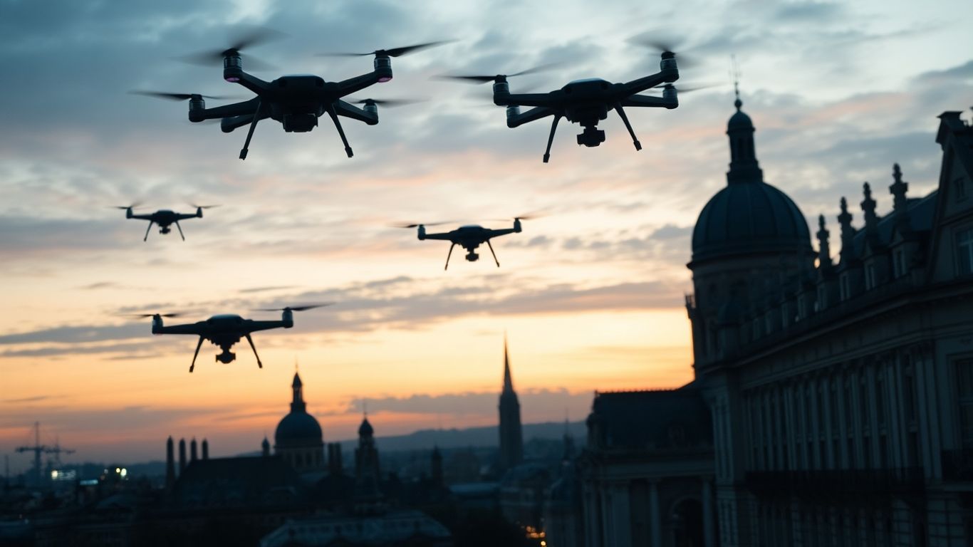 Drones survolant une ville européenne avec une barrière lumineuse.