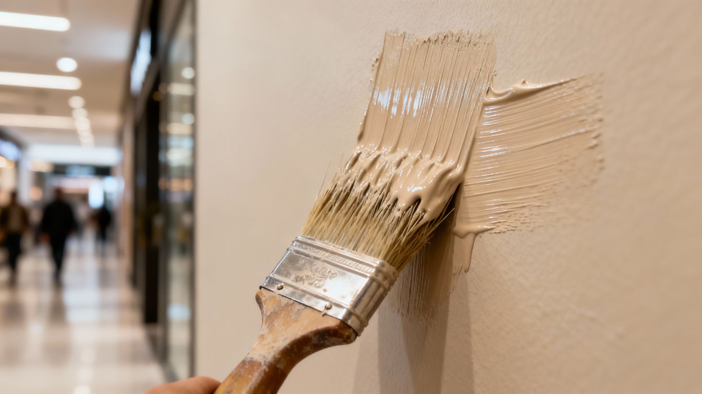 Painter applying durable paint to a business hallway wall.