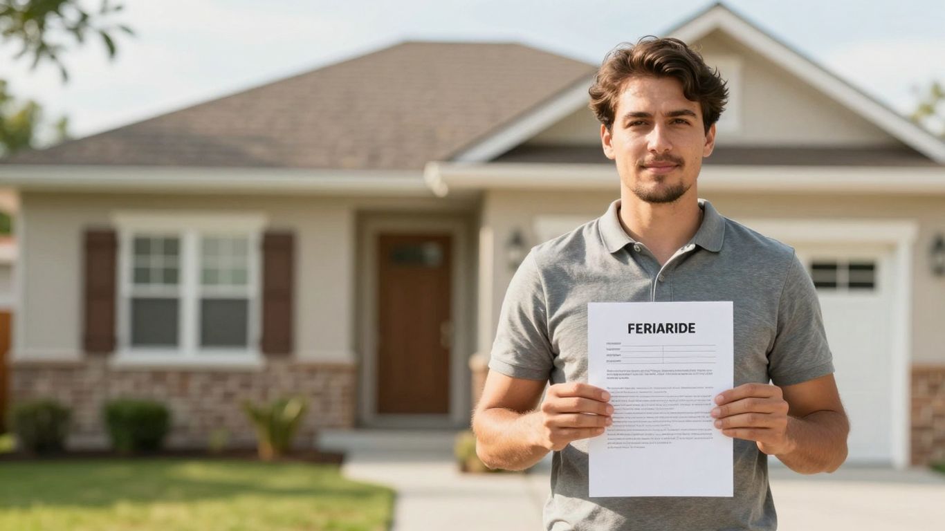 Propietario con seguro de alquiler frente a su casa.