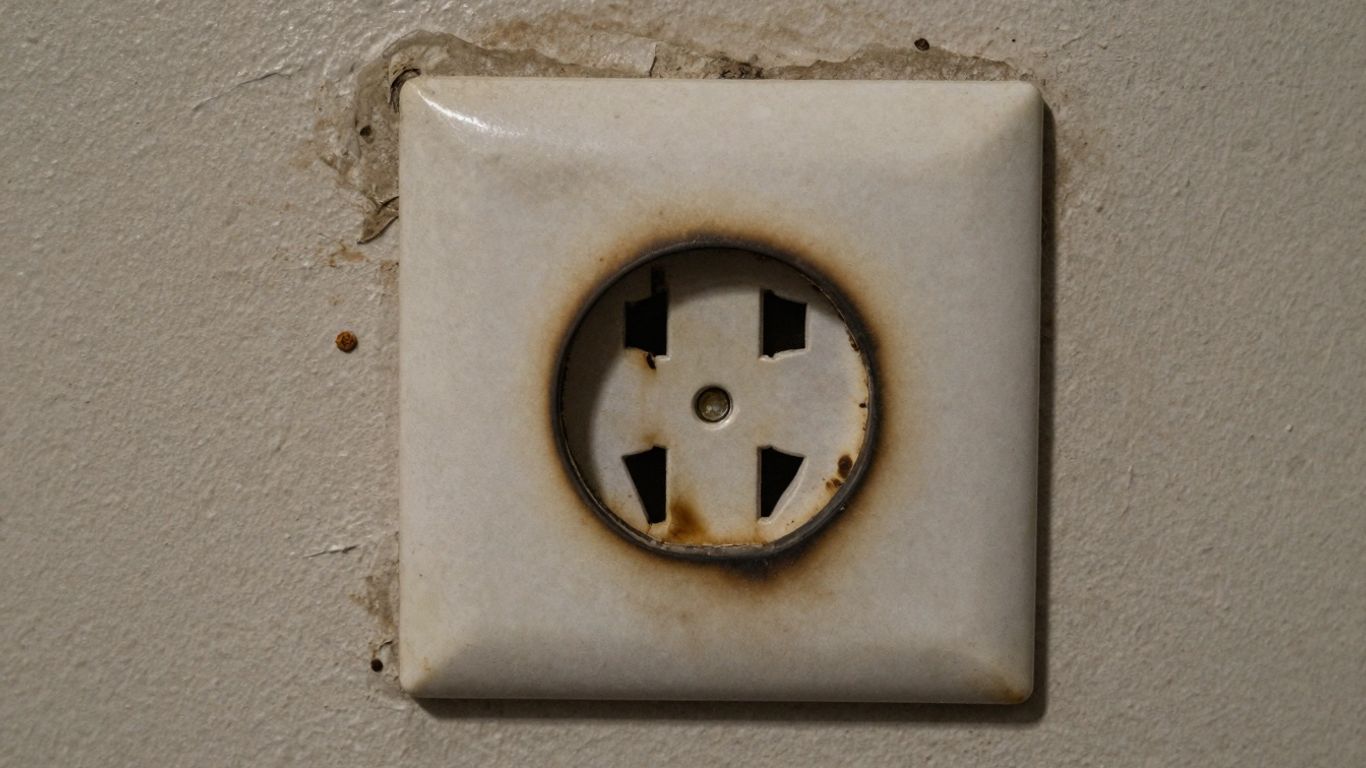 Electrical outlet with burn marks and discolouration.