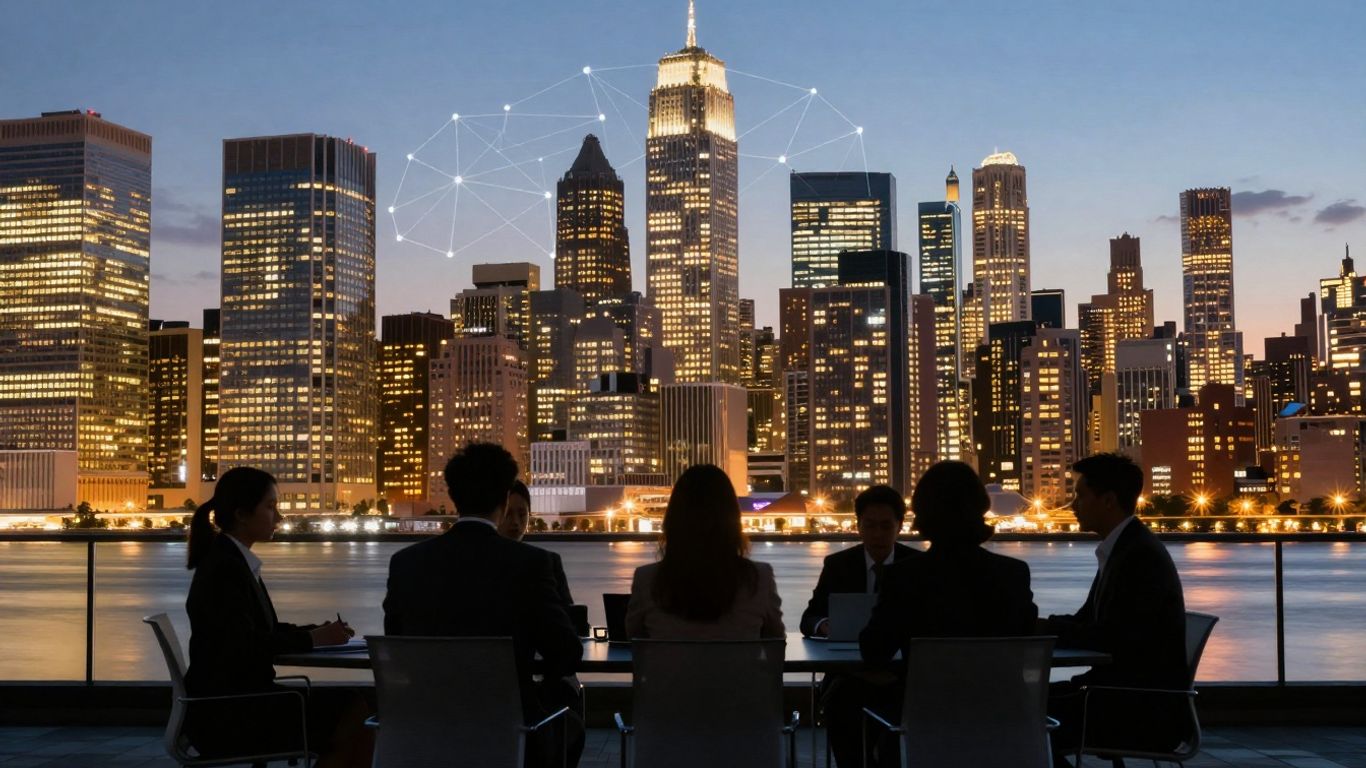 New Jersey cityscape with digital marketing professionals collaborating.