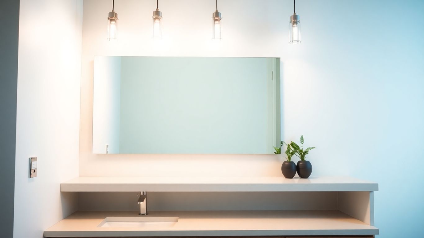 Modern bathroom vanity with elegant pendant lighting.