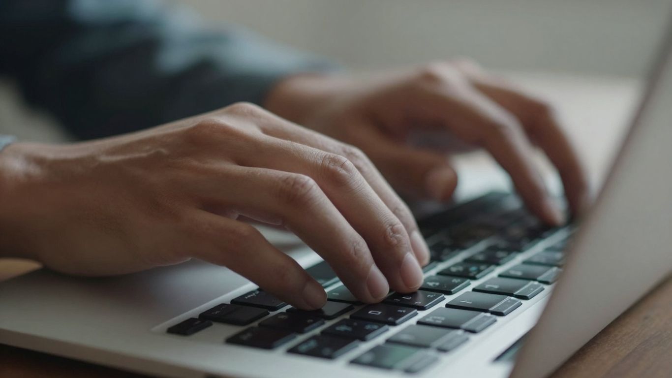 Hands typing on a laptop keyboard in a digital environment.