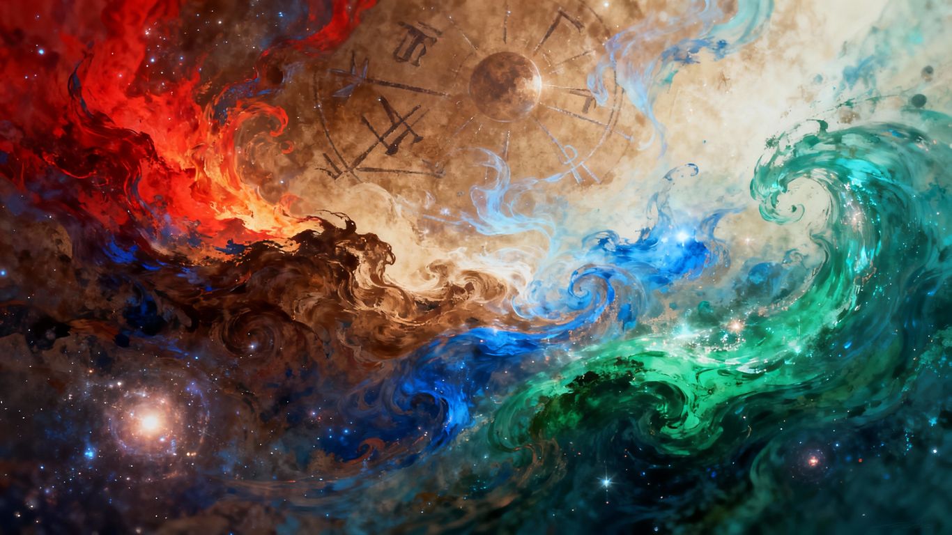 Celestial tapestry of elemental colors and abstract cosmic shapes.