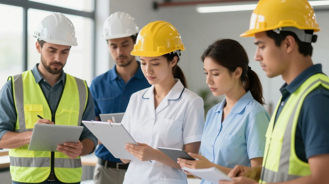 Workers in different professions collaborating safely.