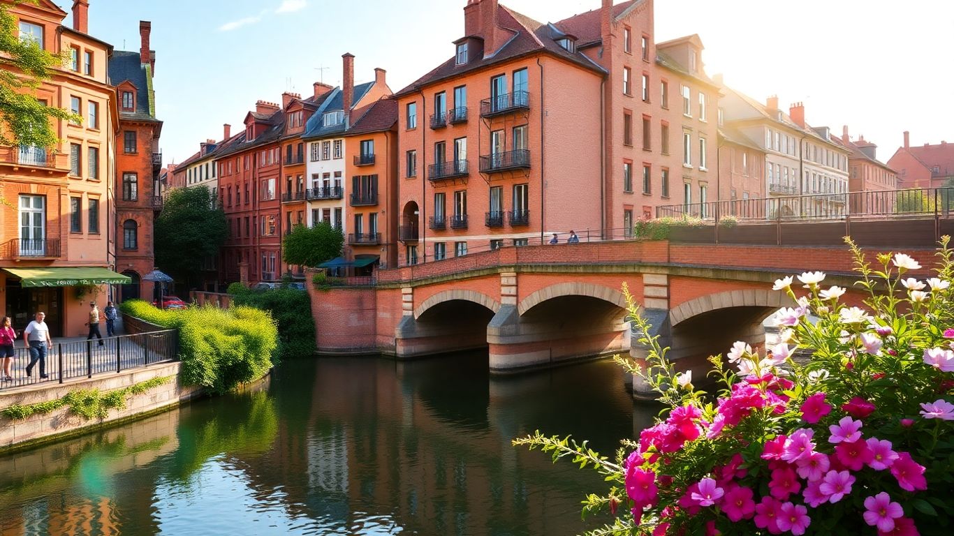 Tuluza, Francja - różowe budynki nad kanałem
