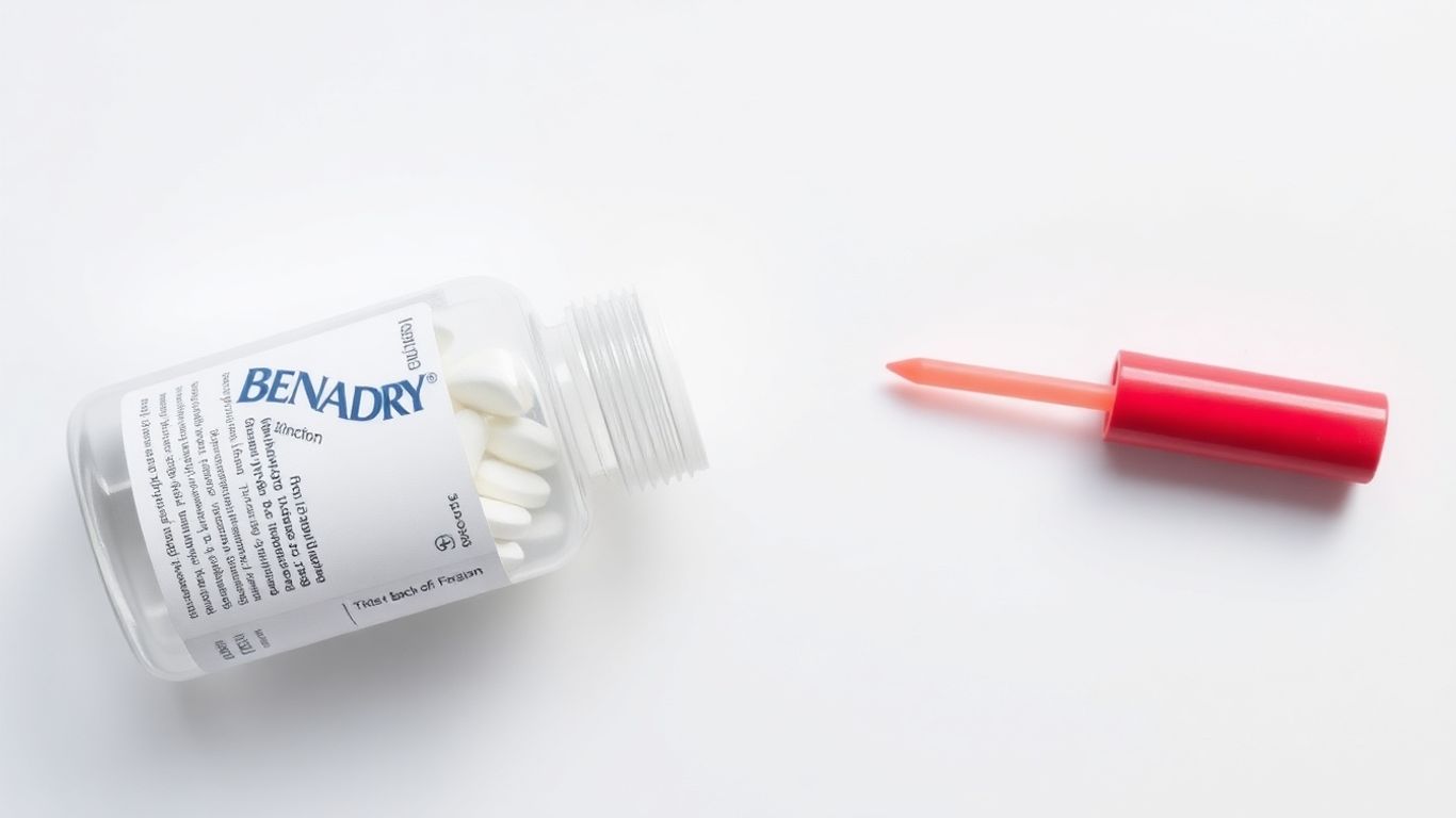 Benadryl bottle and a red inflammation marker.