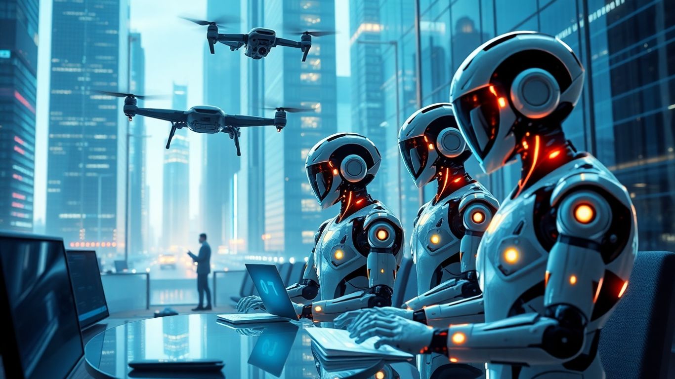 Robots and humans collaborating in a futuristic automated workplace.