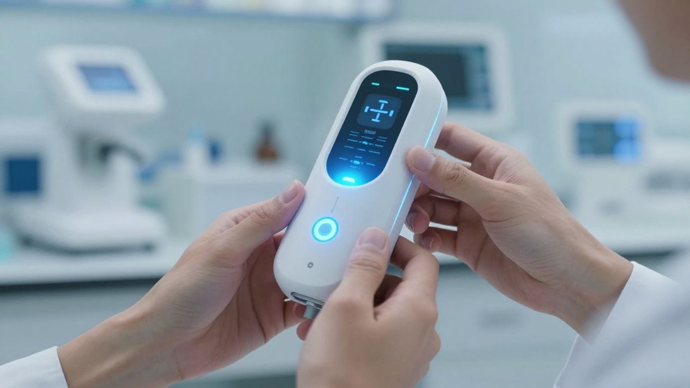 Hands holding futuristic medical device in lab