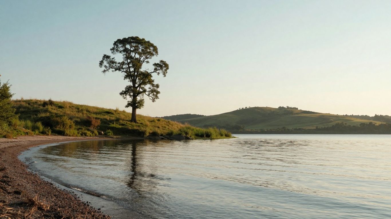 Peisaj calm cu lac, cer senin și copac.