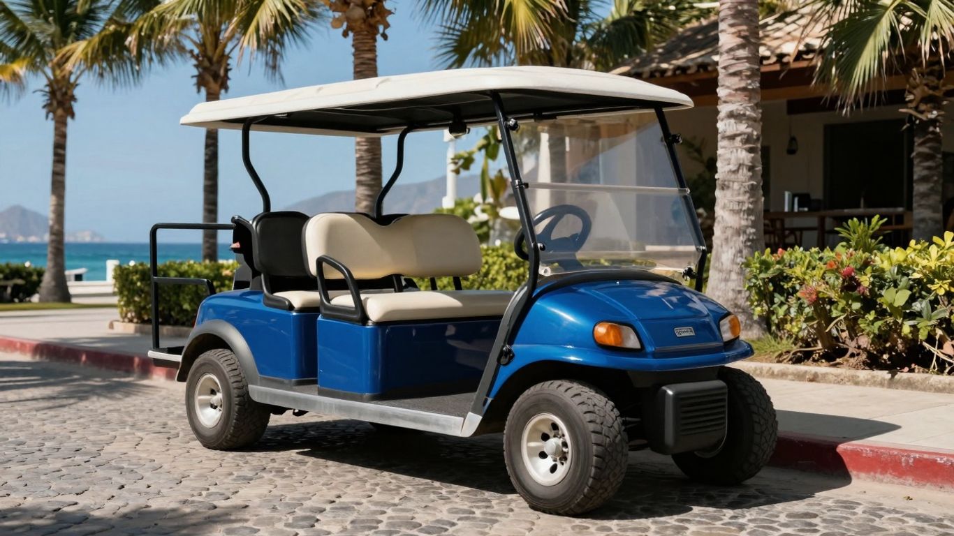 Street legal golf cart parked on a sunny Cabo street.