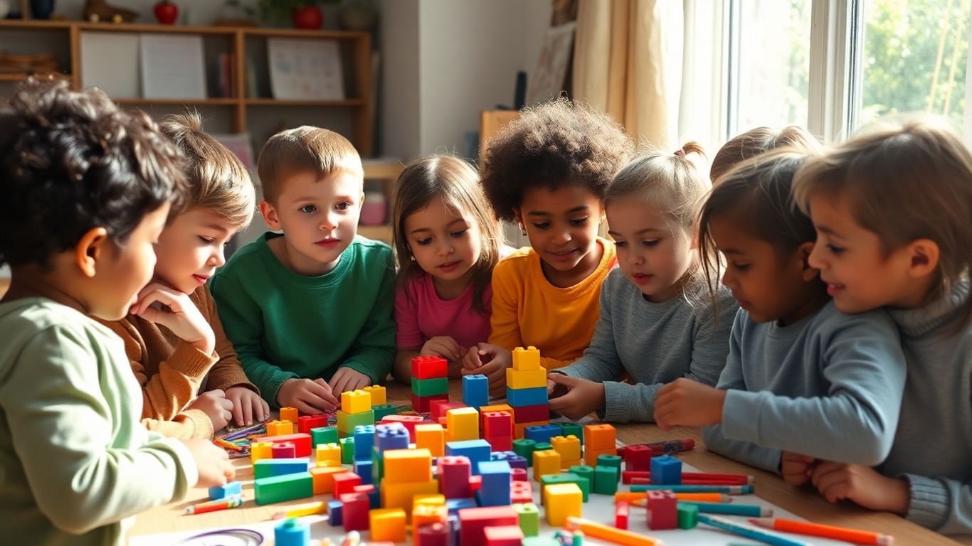 Copii divers colorați interacționând și învățând împreună.