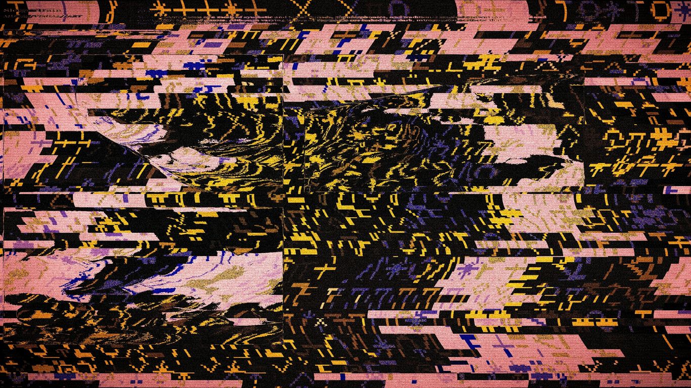 Abstract glitch art with pink and yellow patterns.