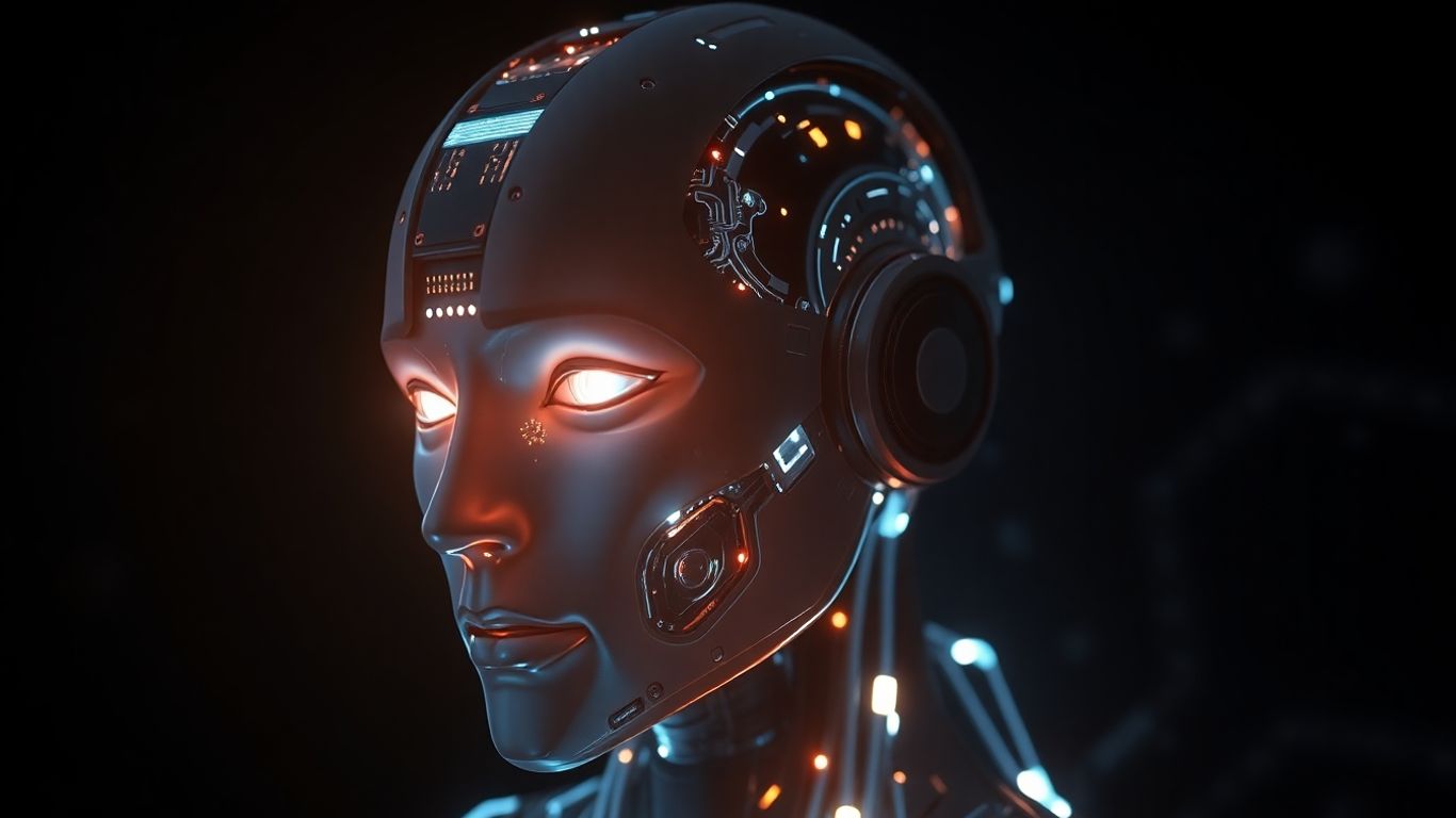 Robotic head with glowing circuitry and human-like eyes.