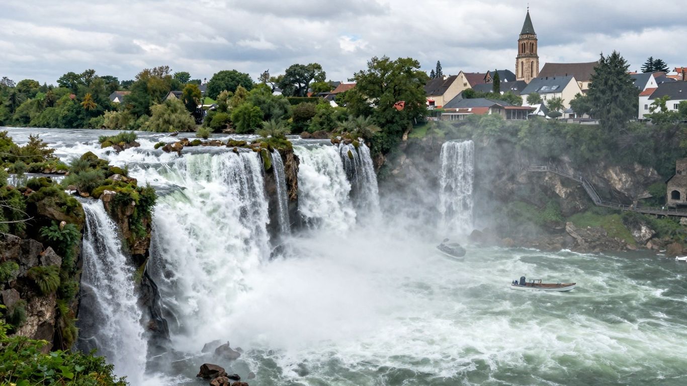 Rheinfall bei Schaffhausen mit Altstadt und Kirche
