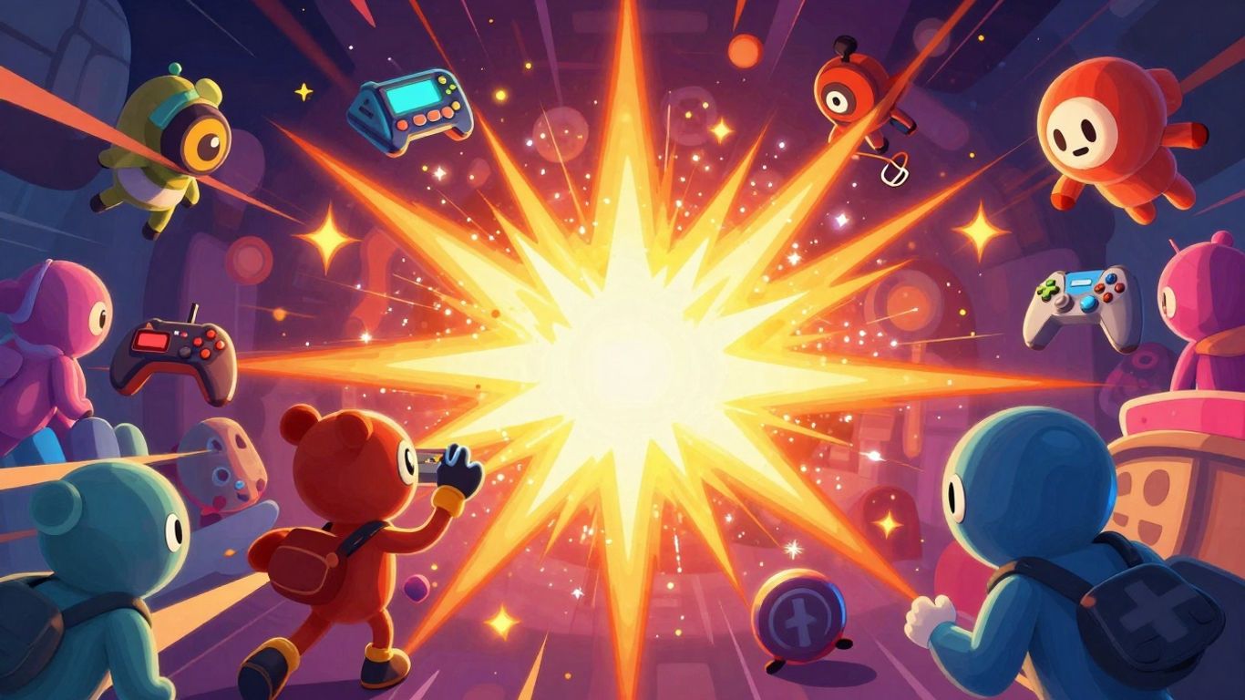 Colorful game elements and characters, endless fun.