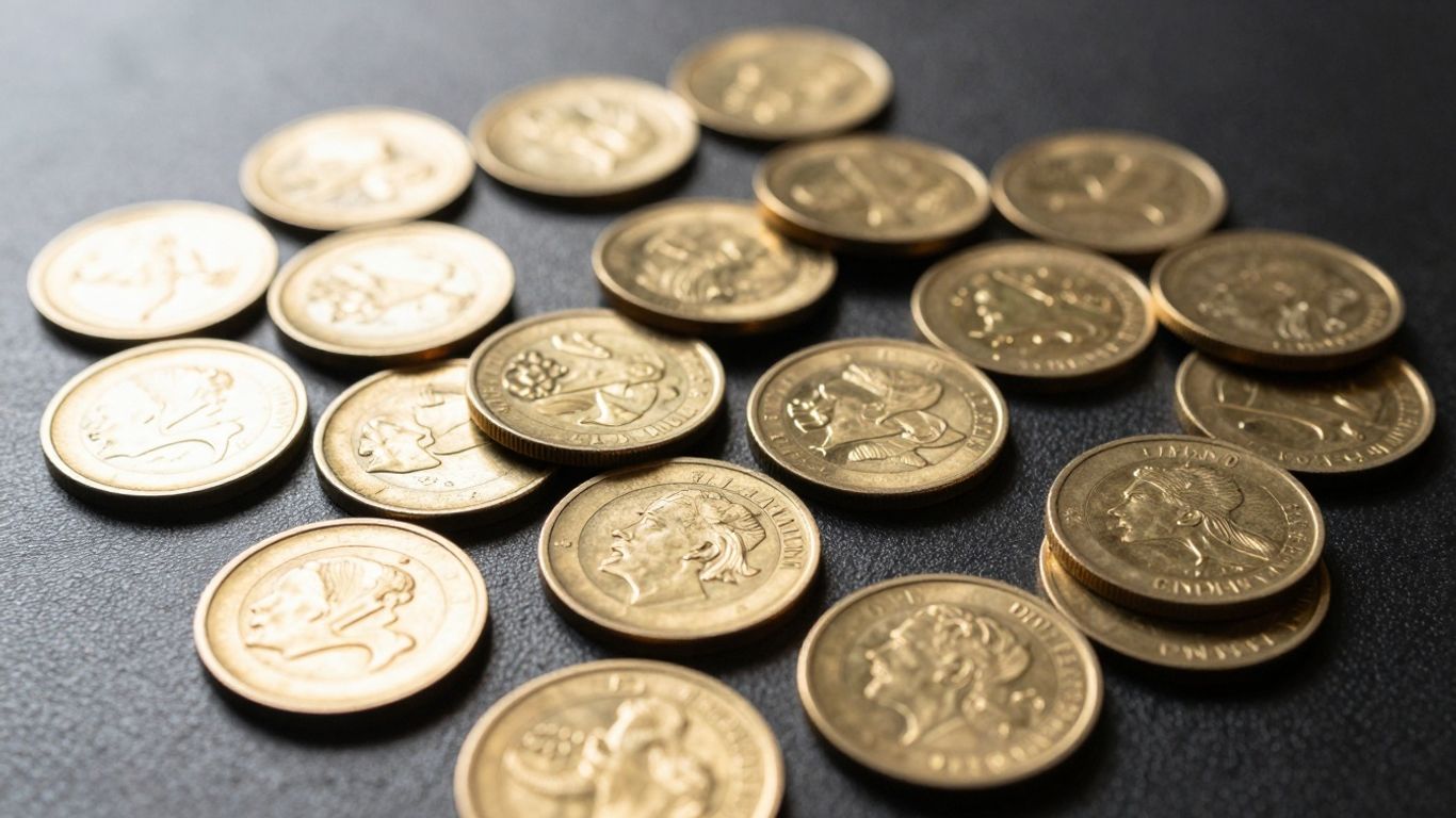 Gold coins, some fractional, displayed on a dark surface.