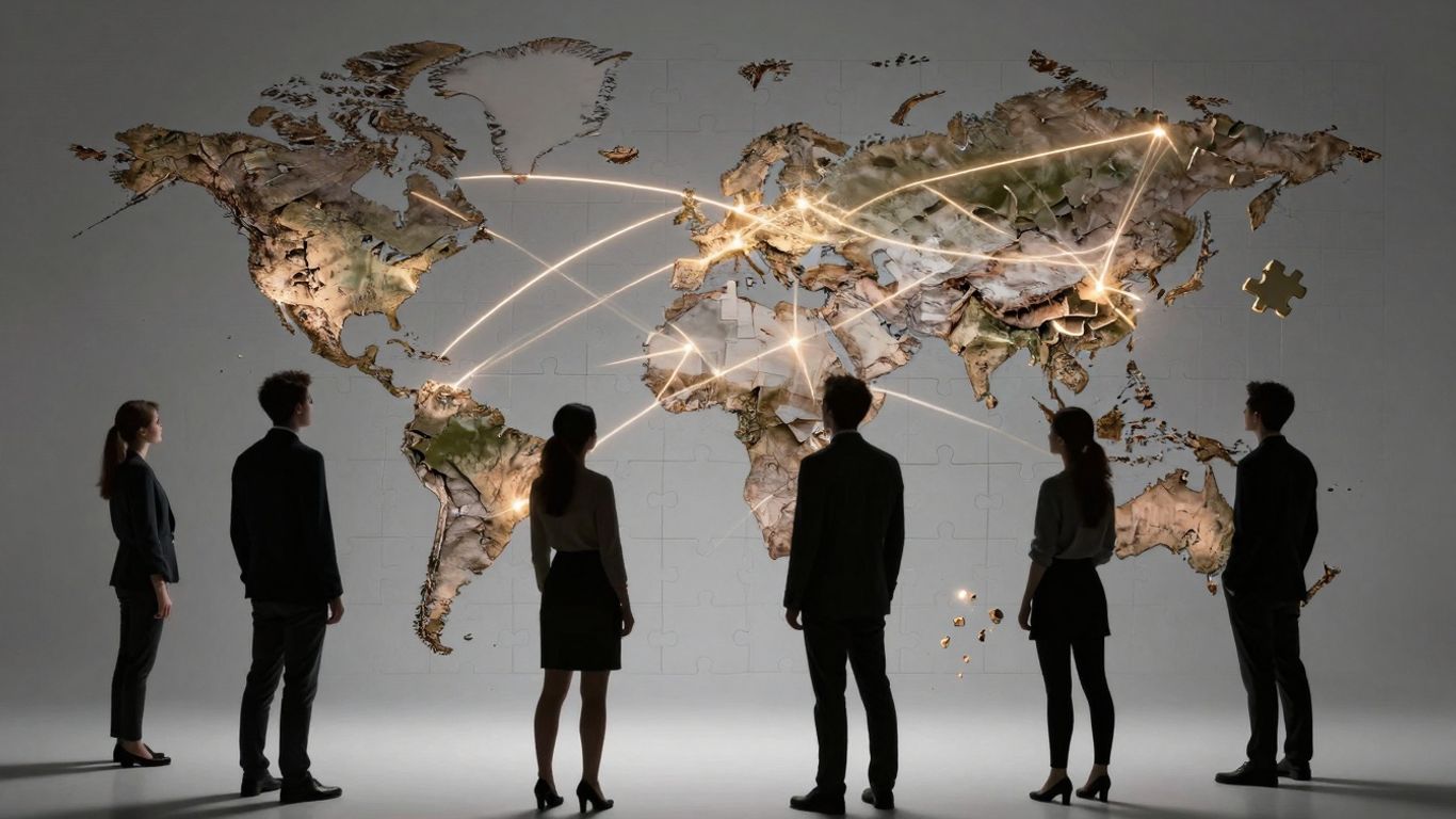 Harta lumii digitală fragmentată, cu conexiuni și separări.