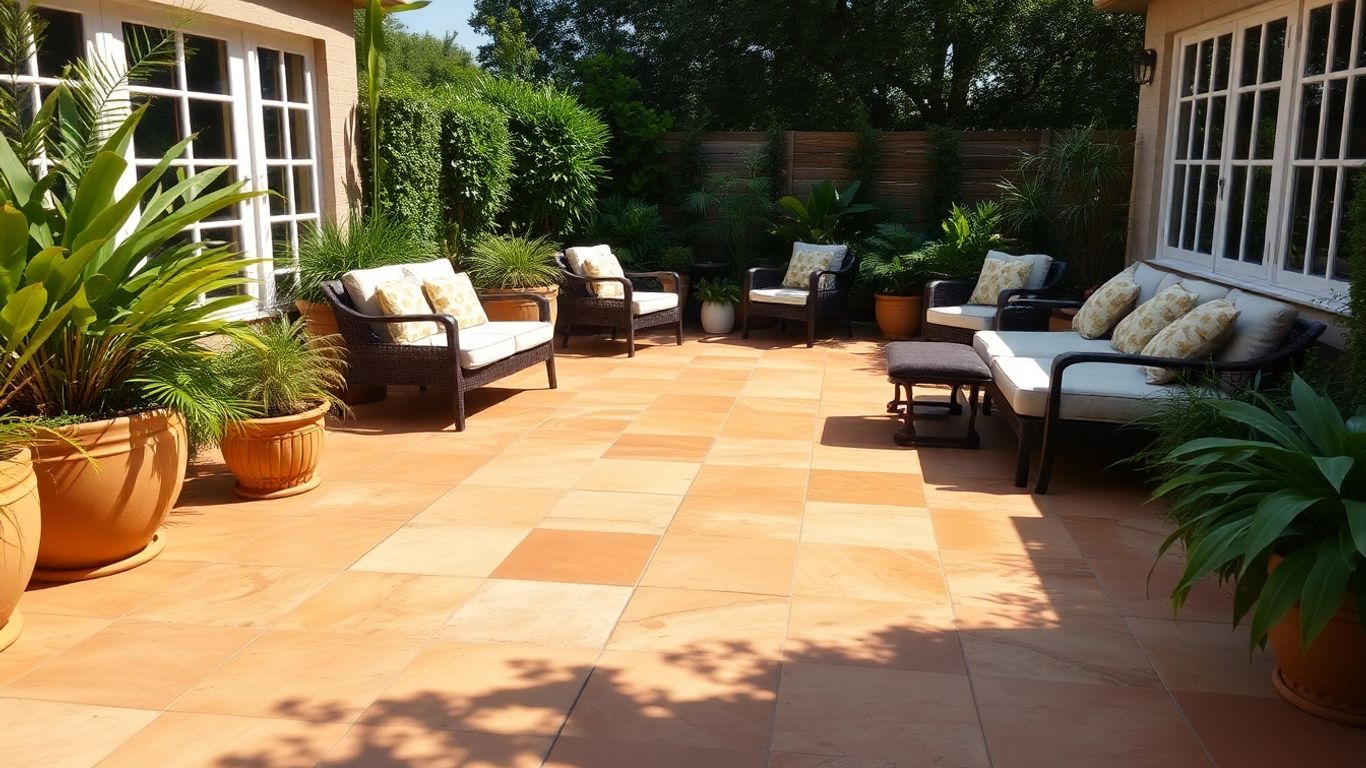 Sandstone tile patio with greenery and outdoor furniture