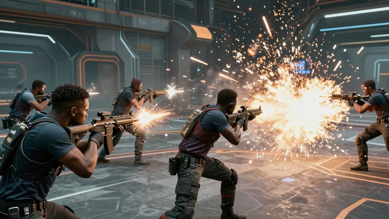 Esports tactical shooter battlefield with players in action.
