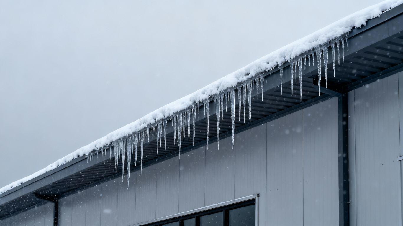 Flat commercial roof with snow in winter.