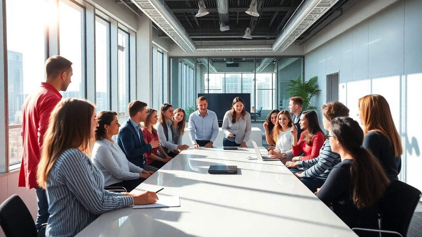 Business professionals collaborating in a modern office.