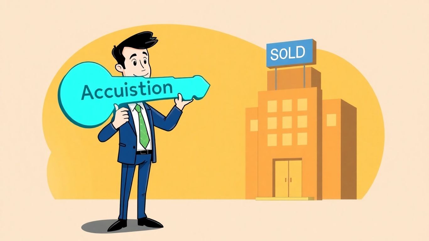 Businessman holding acquisition key near sold building.