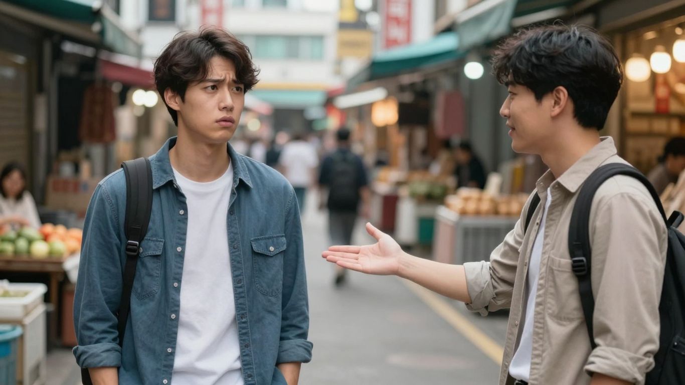 Foreigner and Korean person interacting across a cultural divide.