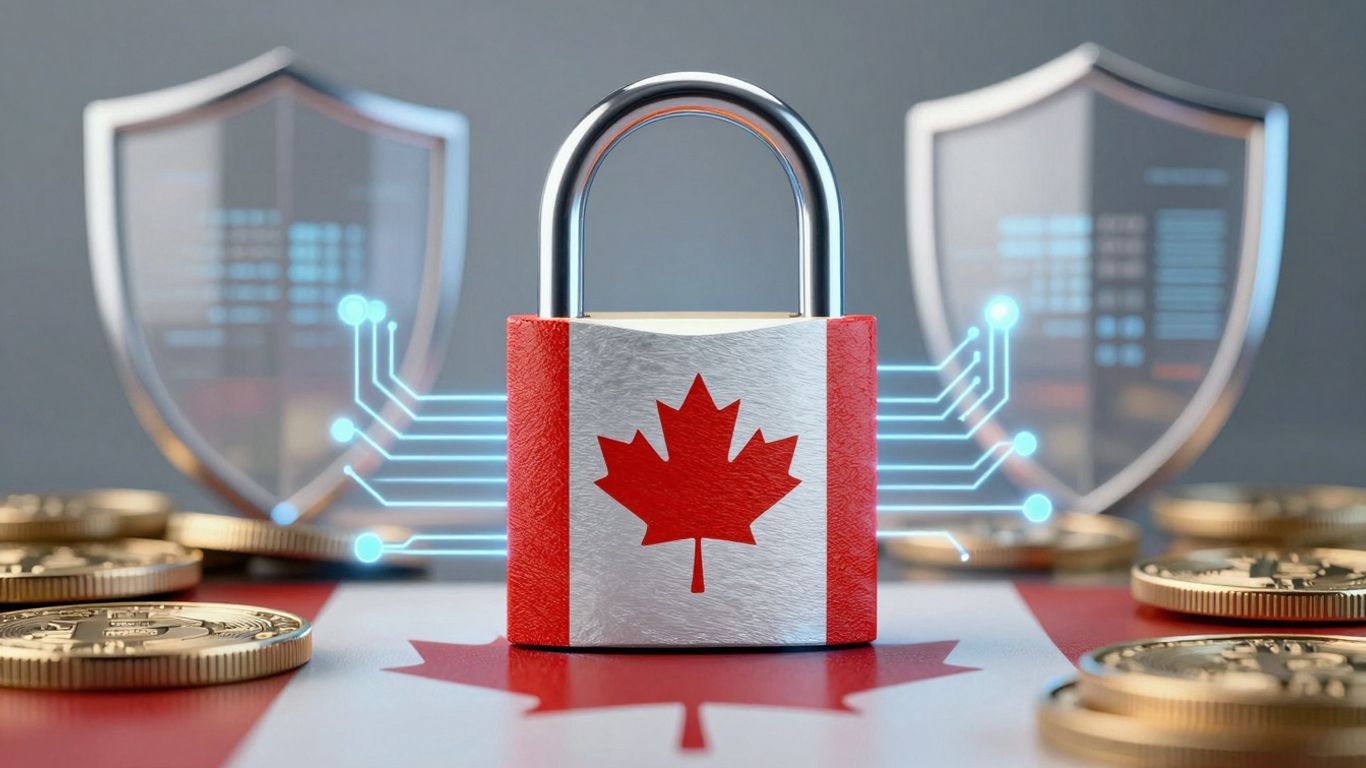 Canadian flag with digital padlock and crypto coins.