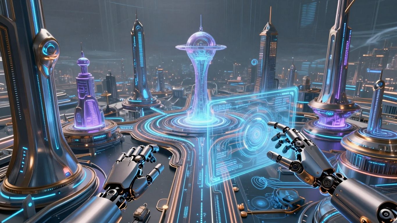 Futuristic AI agents building complex digital structures.