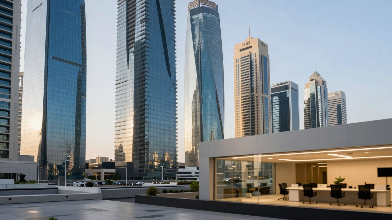Dubai skyline and modern office interiors