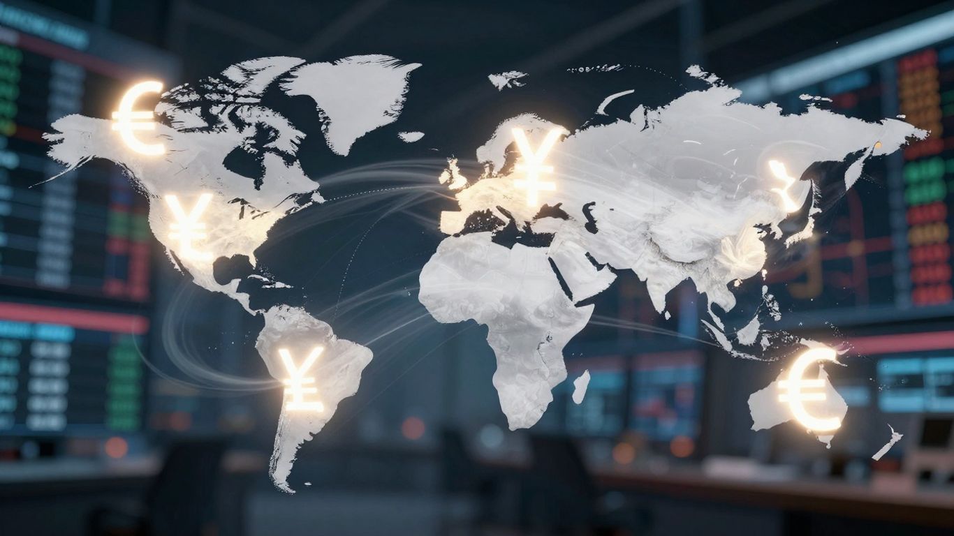 Global currency symbols and financial elements on a world map.