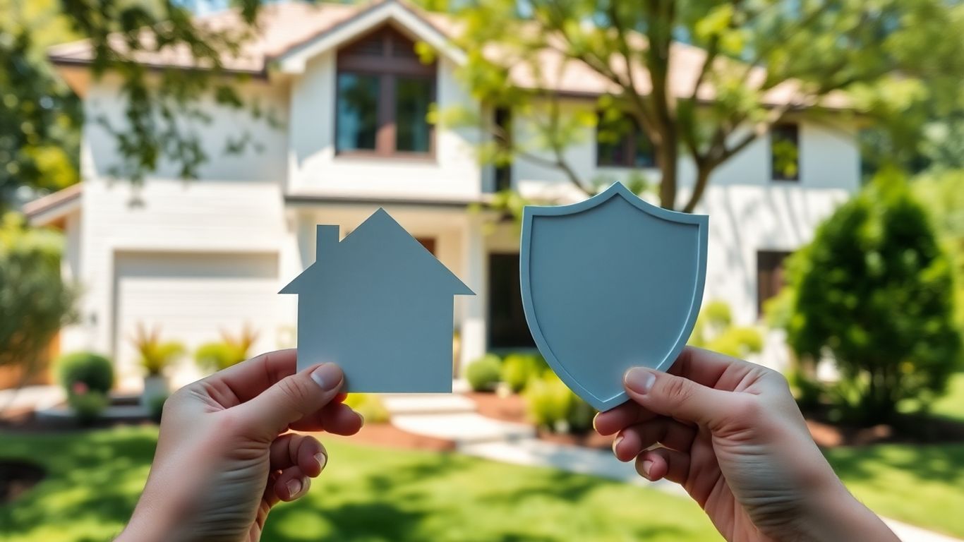 Casa moderna y manos con recortes de seguro de hogar