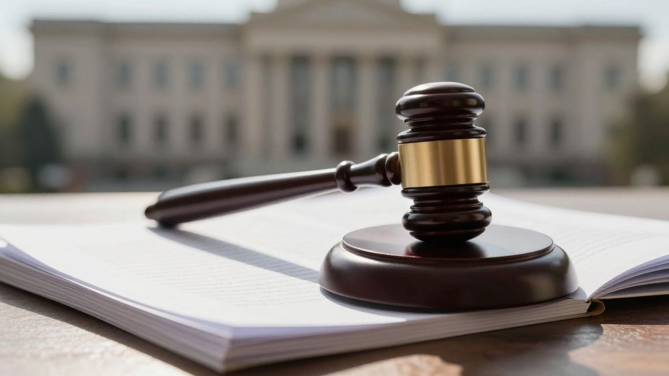 Gavel on legal documents, courthouse background.